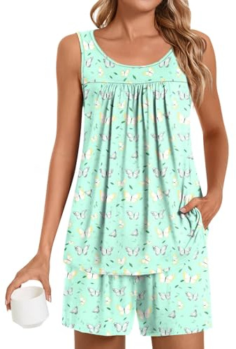 POPYOUNG Plus Size Pajama Set for Women Summer Sleeveless Tank Tops Pjs Sets 2 Piece Lounge Set Comfy Shorts Sleepwear with Pockets XL, Colorful Green Butterfly