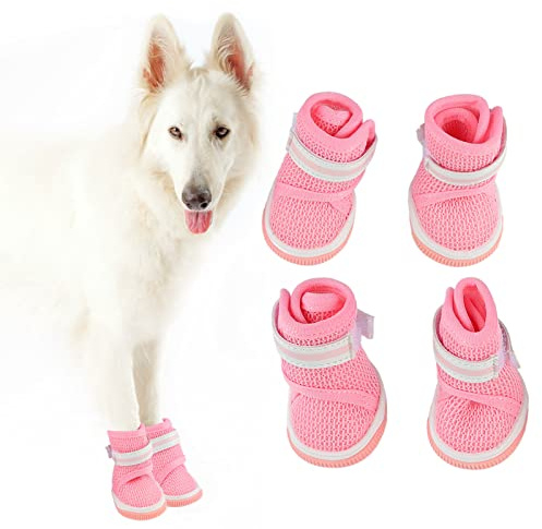 Hundskor i Mesh, Rosa Andningsbara Hundstövlar för Sommarvarm Trottoar, Söta Bekväma Halksäkra Hundstövlar Tassskydd med Ventilerande Gummisula för Små Medelstora Hundar Rosa