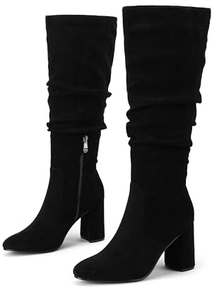 Eteridrey Black Knee High Boots for Women Wide Calf Suede Tall Boots Pointed Toe Slouchy Heel Fall Boot