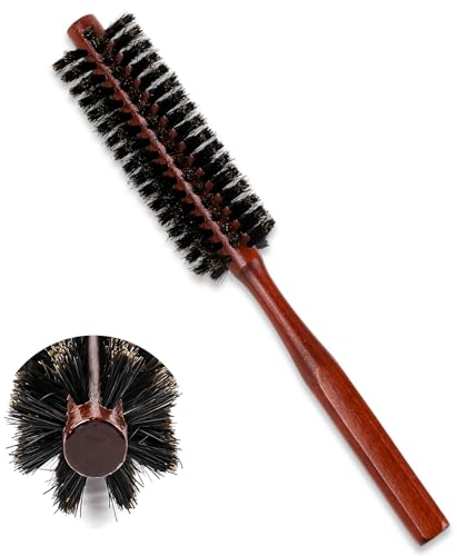 Rundbürste mit natürlichen Wildschweinborsten, kleine Rundbürste, tragbare Haarbürste mit Borsten und ergonomischem Griff aus Naturholz, Mini-Roll-Rundhaarbürste zum Trocknen, Stylen, Locken