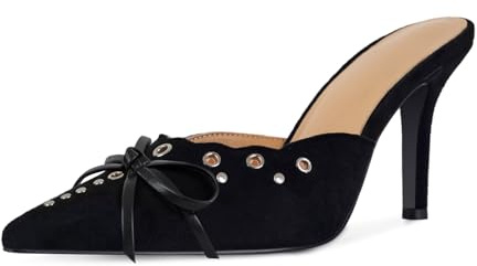 DOEYG Women Pointed Toe Bow Heels Mules Slip on Stiletto Heels Sandals Dress Party Wedding Studded Heels Pumps, Black Suede, 7 UK