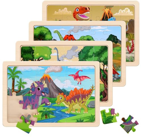 Wooden Puzzles Dinosaur Toys for Kids Ages 3-5, Set of 4 Packs with 20-Piece Wood Jigsaw Puzzles, Preschool Educational Brain Teaser Boards for Boys and Girls 3 4 5 6 Years Old