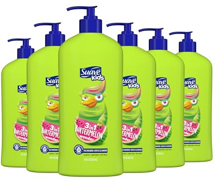 Suave Kids 3-in-1 Tear Free, Body Wash, Shampoo and Conditioners, Dermartologist Tested, Watermelon Wonder, 18 Oz Pack of 6