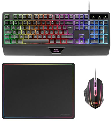 Mars Gaming MCP124, Combo Gaming 3en1, Teclado Ergonómico H-Mech LED RGB, Ratón RGB 3200DPI Switches HUANO, Alfombrilla Nanotextil 360x260mm, Compatibilidad Multiplataforma, Layout Portugués, Negro
