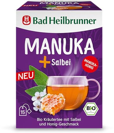 Bad Heilbrunner Bio MANUKA+ Salbei Tee – Bio-Kräutertee mit Manuka-Honig und Salbei, wohltuend für Hals und Rachen, (5 x 15 Filterbeutel)