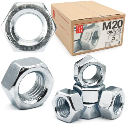 Écrou hexagonal M20, 5 Pièces, acier zingué DIN 934, filetage métrique standard, boulon 20 mm et tige filetée, fixation intérieure et extérieure