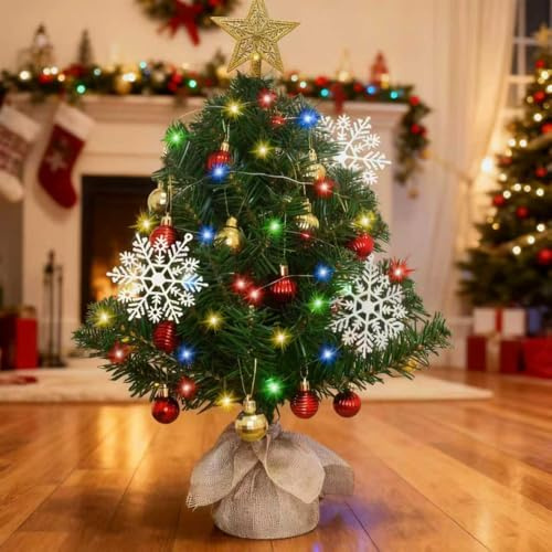 23.6 Inch Mini Christmas Tree, Small Christmas Tree with Star Topper, and Hanging Ornaments, Artificial Xmas Tabletop Tree with Burlap Base for Holiday DIY Home Christmas Decoration Gift (Green)