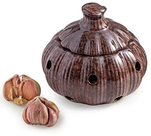 Cormomu Ceramic Garlic Keeper with Lid, Large Garlic Storage Pod, Garlic Container for Kitchen Counter