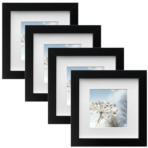 Zyiphor Juego de 4 Marcos de Fotos 15x15cm Marcos Cuadrado de Madera con Passepartu Cristal Acrilico Negro y Color Madera Para Pared o Mesa Set Decoracion