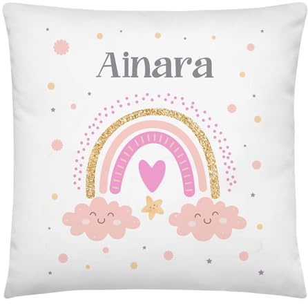 Anak Anak Cojín Infantil Arcoíris Rosa Personalizado con Nombre – Poliéster Suave y Lavable – Ideal para Guardería o Vuelta al Cole – Decoración Habitación Infantil – Regalo Original para Niñas