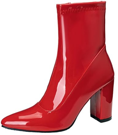 Cocey Bottines vernies pour femme | Bottines avec bout en dentelle et talon bloc de 8,5 cm pour l'hiver et le bureau, rouge, 33 EU