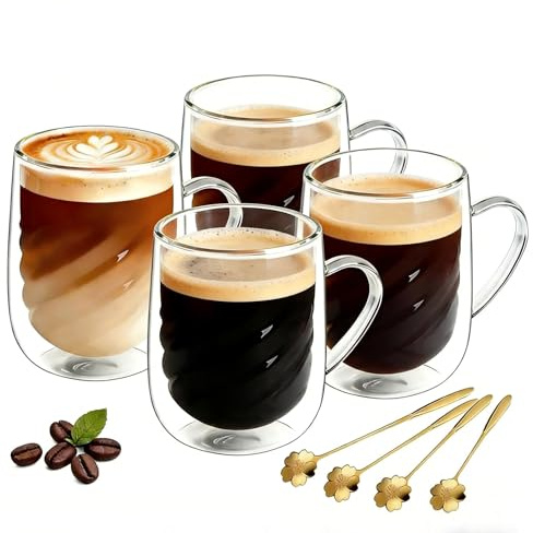 YNNHUDEEP Dubbelväggiga kaffeglas 350 ml med spiraldesign och handtag och skedar, latte macchiato-glas dubbelväggiga för varma och kalla drycker som latte macchiato, cappuccino, te, glas (4)