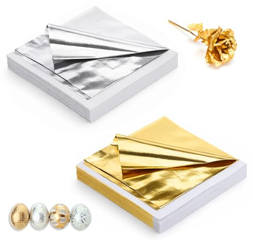 JJUNW 200 st guldfolie flingor, 8 x 8,5 cm bladguld för pyssel imitation bladguld för konst projekt hantverk dekoration förgyllning hantverk gör-det-själv skapelse
