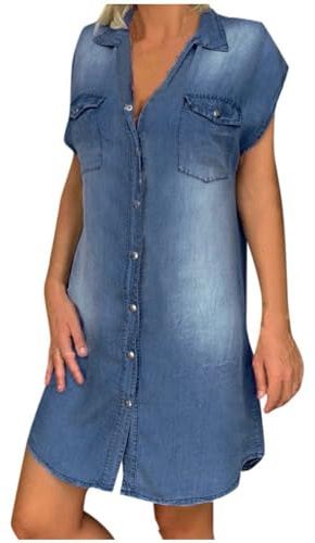 Viunychn Robe courte en jean pour femme - Longueur genou - Robe d'été - Robe chemisier baggy décontractée en denim - Robe midi - Robe décontractée
