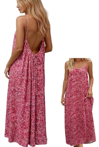 EIRUKON Robe Longue Femme Ete Robe Dos Nu Femme avec Bretelles Spaghetti sans Manches Fluide Fleurie Robes de Plage Décontractée Maxi Backless Dress pour Vacances, Lounge