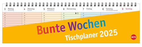 Bunte Wochen Wochenquerplaner 2025: Übersichtlicher Umklapp-Kalender 2025 mit farbig markierten Tagen. Tisch-Kalender für den Schreibtisch. (Bunte Wochen Planer Heye)