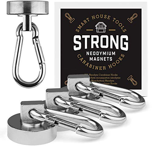 Smart House Tools Imán para olla con mosquetón (4 unidades), diámetro de 25 mm, fuerza de sujeción 22 kg, gancho magnético, imanes de neodimio, imanes extra fuertes