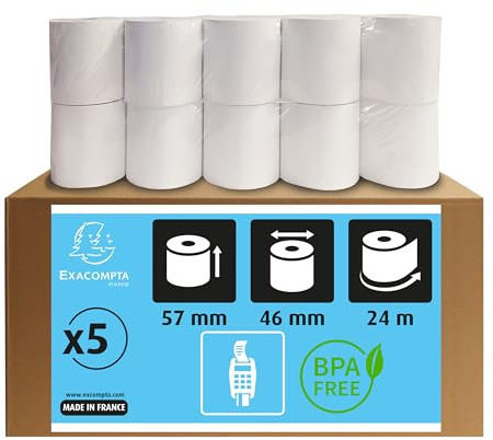 Exacompta 40905DE 5er Pack Thermorollen für EC-Cash Geräte, 1-lagig, Breite: 57mm, Länge 24m, Durchmesser Kern: 12mm SEPA Lastschrifttext auf der Rückseite(deutsch) 55g/m² extra-BPA frei
