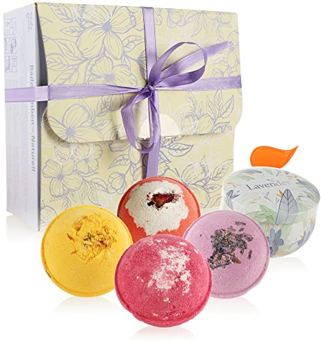 Robin Goods® Set di Bombe da Bagno da 5 Pezzi - Candela di Cera di soia - Bombe da Bagno rilassanti - Set Regalo per la Festa della Mamma, San Valentino e Compleanno (4 Pezzi - con Candela profumata)