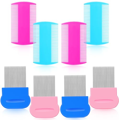 8 Piezas Peines para Piojos Pulgas Peine de Eliminación de Piojos de Doble Cara Peine de Aseo de Cabello con Dientes de Metal (Rosa, Azul, 3,5 x 2 Pulgadas, 3,54 x 1,57 Pulgadas)