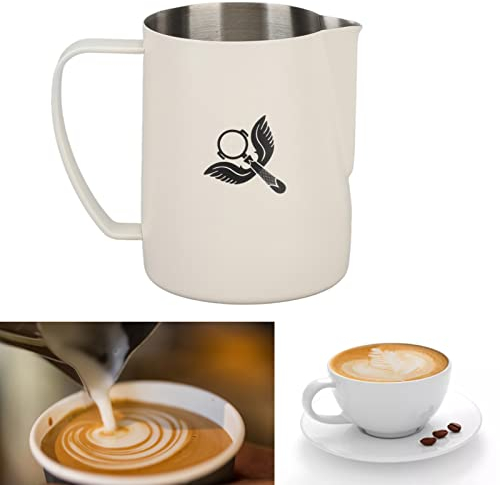 Pichet Mousseux à Lait de 600ml en Acier Inoxydable 304 de Qualité Alimentaire, Coupe-mousseuse avec Poignée pour Café, Matcha, Chai, Cappuccino(Blanc)