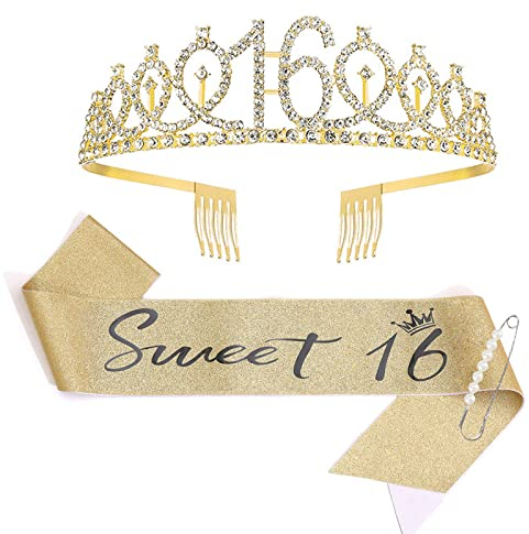 KAREN66 Geburtstagsschärpe und Krone Geburtstag Geburtstagskrone Schärpe Gold Birthday Krone Geburtstag Tiara Crown Geburtstagsgeschenke für Happy Birthday Geburtstag Party Favor Supplies (16.)