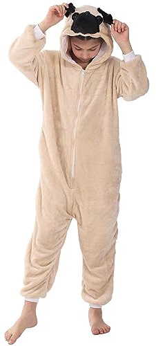 LOBUJOU Animal Hooded Costume for Kids Boys Girls Flannel Onesie Halloween Cosplay One Piece Pug Dog 130