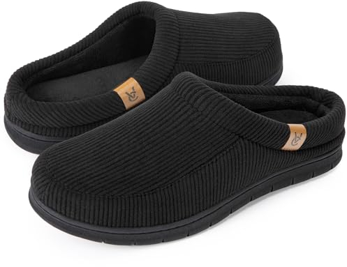 VeraCosy Herren Cord Mokassin Hausschuhe Memory Foam Winter Pantoffeln Mattschwarz, 44-45 EU