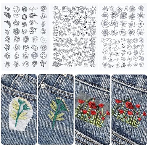 Yayatty 179 Stück Stickvorlagen Stickvlies Wasserlöslich Selbstklebend Stickaufkleber Stickvorlagen Wasserlöslich für Stickereianfänger Handnähen DIY Kleidung Rucksack Hüte