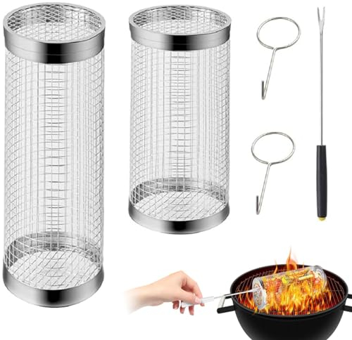 Saviluk Edelstahl Grillkorb, Rolling Grillkorb, Grillkochzubehör Rund Frittierkorb für Wurstwaren Gemüse Mit Gabel Haken, Grillnetzrohr für Den Außengrill für Gemüse, Grillnetz (2 Stück,30cm+19cm)