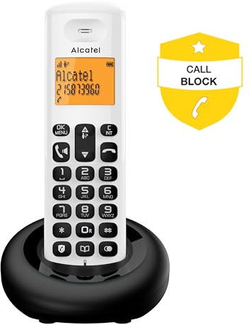 ALCATEL E260 - Téléphone Fixe sans Fil DECT - Design Compact - Grand Écran Rétroéclairé - Mains Libres - Fonction Blocage des Appels Indésirables - Blanc