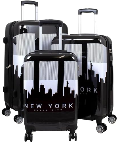 Warenhandel König Hartschalen 3tlg. Kofferset Trolleyset mit hochwertigem Motiv Print NY Skyline mit Dehnfalte, Größe M, L und XL