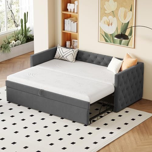 DRIXNO Polsterbett Ausziehbares Schlafsofa 90/180 * 200 cm mit Lattenrosten, Multifunktionsbett aus hautfreundlichem Samtstoff Dunkelgrau，Klassische Vollform mit Knöpfen