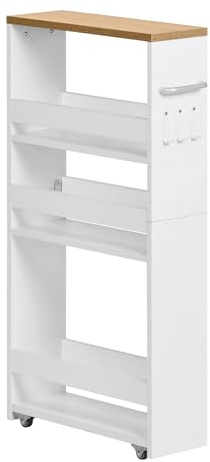 FetiNes Carrello per Nicchia con Ruote, 4 Livelli, Servizio Stretto Salvaspazio, Carrello da Cucina Bagno Sottile Multiuso 40x15x80cm,Rovere Chiaro+Bianco