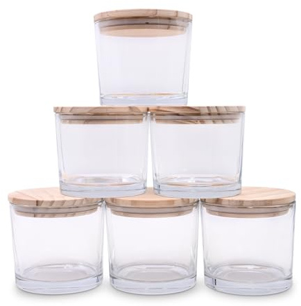 SHOWIN Vasetti spessi per candele da 340,2 g, 6 pezzi, barattoli vuoti con coperchi in legno per barattoli di spezie, contenitori per campioni, trasparenti