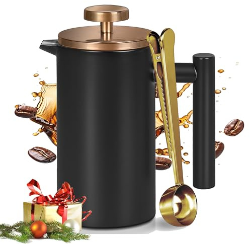 Wrobic Rostfritt stål French Press kaffepress 1 000 ml, dubbelväggig, isolerad fransk press för kaffe och te, med 3 extra siktar och en kaffesked, 34 oz, svart