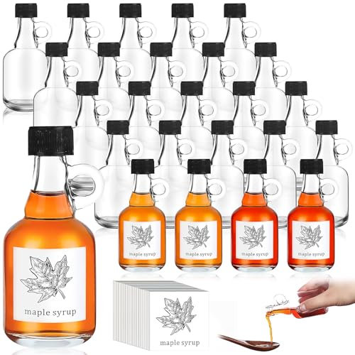 YFNVH 24 mini bottiglie di sciroppo in vetro da 50 ml, dispenser vuoto di sciroppo d'acero con manico, inclusi adesivi e coperchi in acero, bicchieri riutilizzabili per caffè, ristoranti, feste e