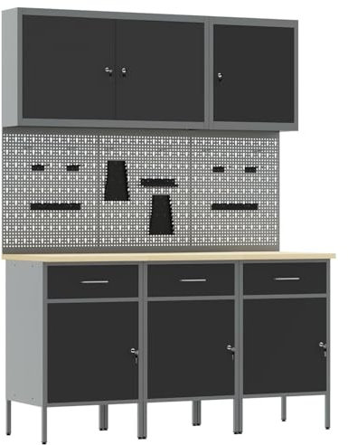 vidaXL Banco da lavoro con blocco 8 pcs Nero 150 x 55 x 200 cm Acciaio, Soluzioni di stoccaggio per officina, portautensili, chest organizer, cassetti e ripiani.