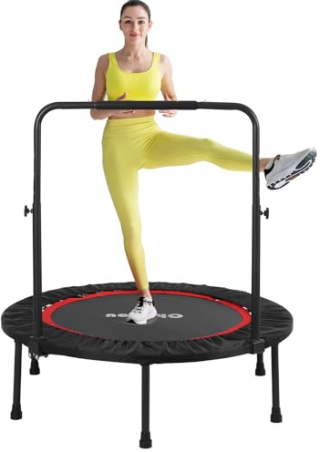 Chiidou 40'' Foldable Fitness Trampoline, Mini Trampoline Bouncer with Adjustable Foam Handle, Stable Quiet Exercise Rebounder for Adult Indoor Jumping Workout (With Bar)