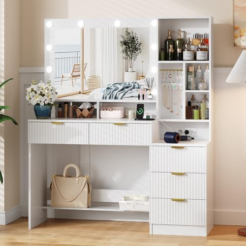 JUMMICO Toeletta Trucco con Specchio e Luci,Tavolo da Toilette con Cassetti, Postazione Trucco con Ripiani Aperti, Ganci per Gioielli e Presa Elettrica per Camera da Letto,Moderno (Bianco) (bianco)