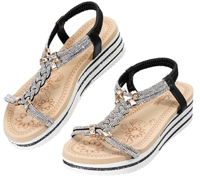 JOMIX Sandali Donna Estive Zeppa Strass Gioiello Bohemia Spiaggia Scarpe con Elastiche Cinghia Eleganti Moda Comodi Casual