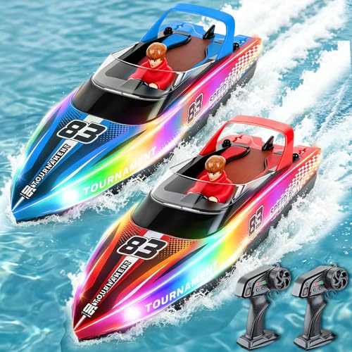 YOOHBERRYS Bateau Télécommandé 2 Pièces, 2,4 GHz Bateau Telecommandé Enfant, Bateau de Course RC 15+ km/h avec Lumière LED pour Piscines et Lacs (2PCS)
