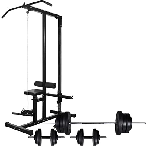 Ordellia Krafttorn med skivstång och hantel, set på 60,5 kg, fitnessstation för hemmagym, bänksställ och kabeldragning, benpress, multipress, muskeluppbyggnad och träning vid hemmabruk