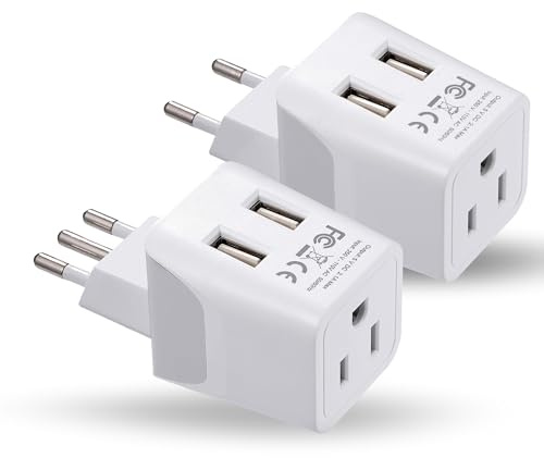 Ceptics Italy, Europe Travel Adapter Plug Set - 2 Pack - with 2 USB + USA Socket Input - Type L and Type C - Ultra Compact - Safe Grounded Perfect for Cell Phones, Laptops, Camera Chargers