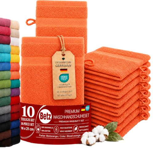 Betz Premium Juego de 10 Piezas de Manoplas de baño – franelas de Rizo para Limpieza Facial - de algodón 100% - manopla de baño para bebés - Naranja sanguíneo