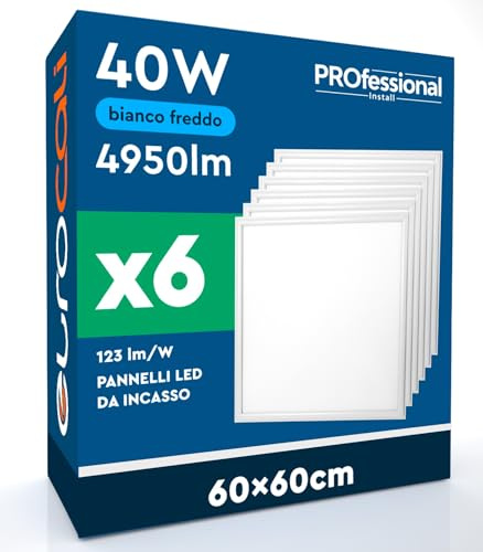 6 Pannelli LED 60x60 40W Quadrati da Incasso 4950 lumen con Driver Starsense - Luce Fredda 6500K - Plafoniera da Ufficio Lampada da Soffitto per Controsoffitti Modulari ad Alta Luminosità 123 lm/W