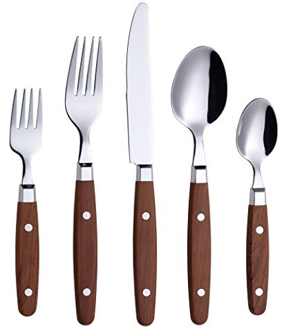 ANNOVA Silverware Set, Retro/Rivet Colorful Stainless Steel Tableware Kitchen Flatware Set Utensils, Includes Dinner Knives, Forks, Spoons, Salad Forks & Dessert Spoons (Wood, 20 Pieces)