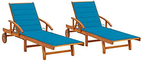 vidaXL Rustic Acacia Wood 2 Pcs Sun Loungers Set with Cushions for Outdoor Seating Adjustable Backrests Perfect Garden Patio Poolside Relaxation Lounger Wooden Cushioned Backrest Summer Furniture