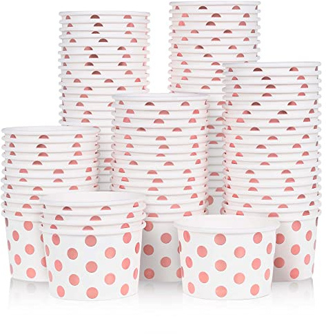 MATICAN Paper Ice Cream Cups, 100-Pack 9-oz Disposable Dessert Bowls for Hot and Cold, 9-ounce, Rose Gold Foil Polka Dots