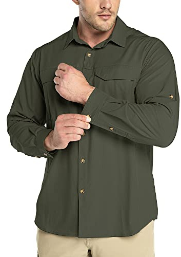 Outdoor Ventures Men's Shirts Safari Shirt Roll-Up Sleeve UV Shirts Quick Dry Lightweight Hiking Shirt with Pockets for Walking Fishing Travelling Dark Green M